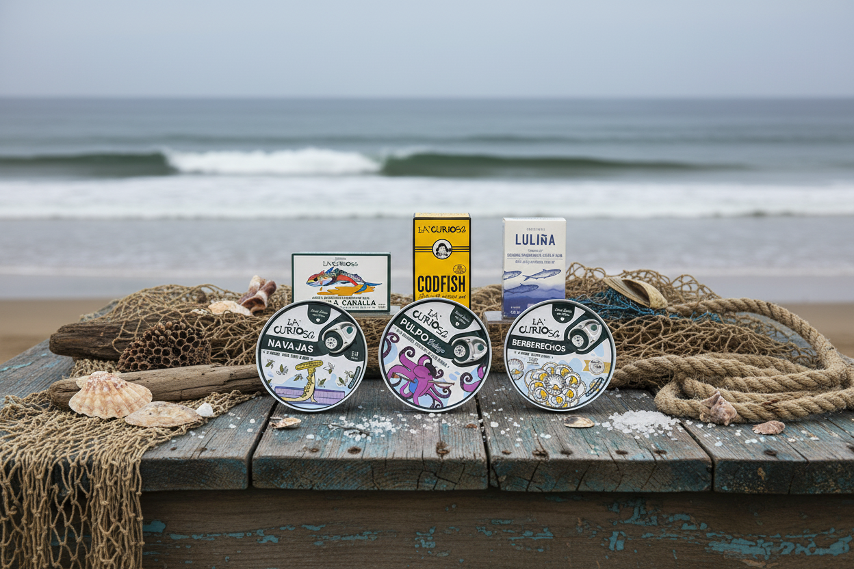 Caja regalo Sabores del Mar con conservas gourmet La Curiosa, bacalao y sardinas