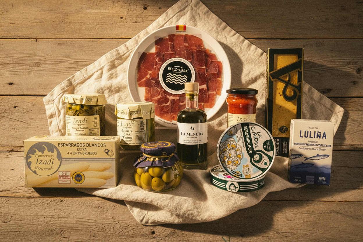 Caja regalo Despensa Española de Verano con embutidos ibéricos, espárragos y encurtidos gourmet.