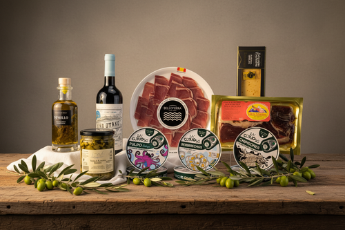 Caja regalo Experiencia Suprema con jamón ibérico, conservas artesanales La Curiosa y vino tinto.