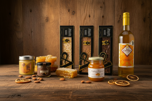 Dulce España: turrones de Jijona y chocolate, miel de abeja y de romero, mermelada de naranja, almendras y vino dulce La Cartuja en caja regalo española