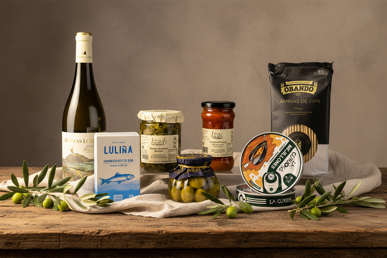 Caja regalo Gourmet Rústico con vino blanco albariño, conservas de pescado y productos artesanales.