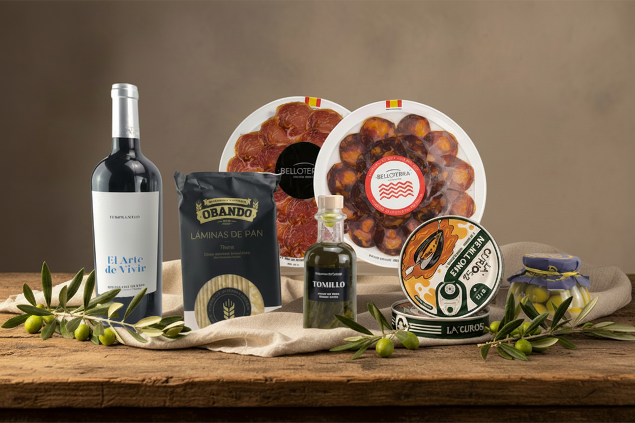 Caja regalo Selección Gourmet Española con vino tinto tempranillo, embutidos ibéricos y mejillones en escabeche.