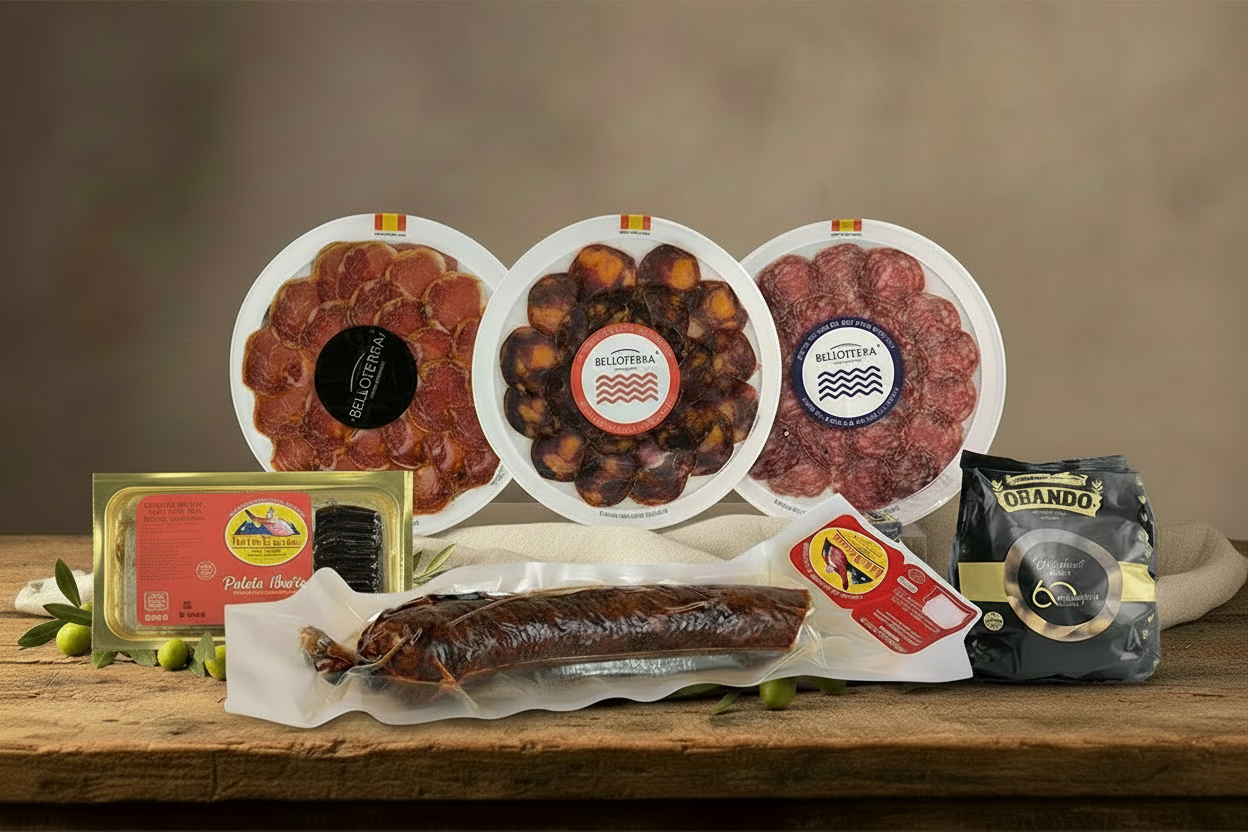 Caja regalo Selección Ibérica con embutidos de bellota, paleta curada y aceite de oliva virgen extra.