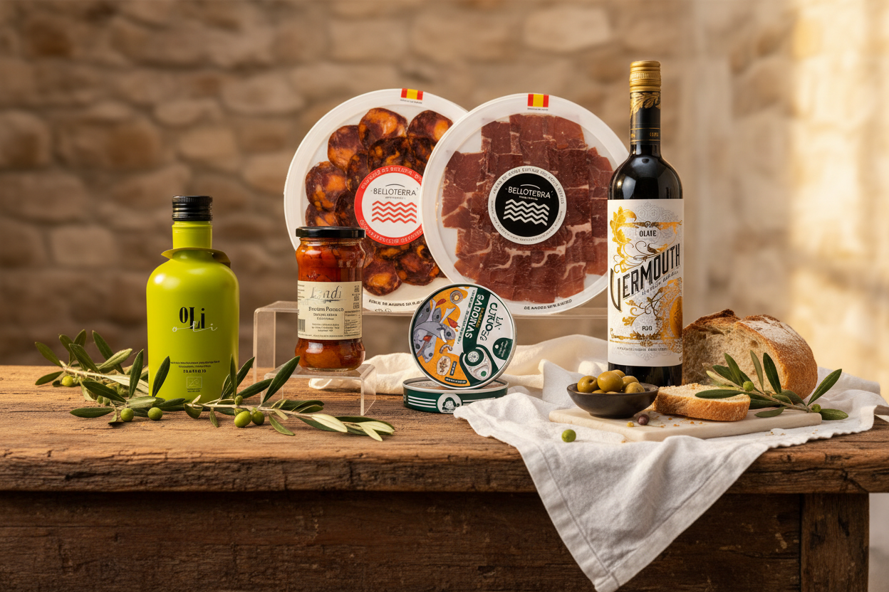 Selección Rústica: chorizo y jamón ibéricos de bellota en lonchas, aceite de oliva virgen extra Oli, tomate frito, sardinas y berberechos en conserva, vermut Glàs y pan artesano en caja regalo